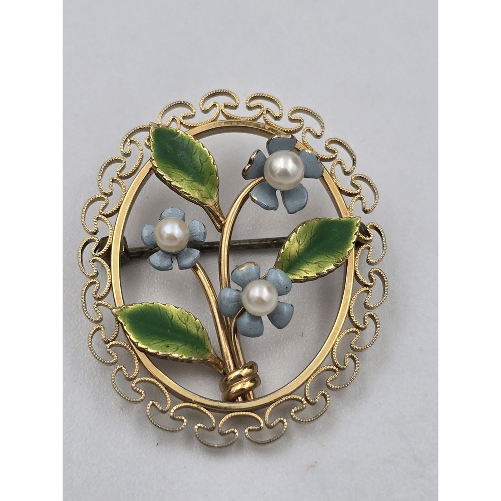 Vintage Krementz Gold Overlay Enamel Forget-Me-Not Flower Pearl Brooch Pin